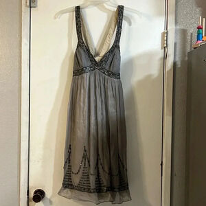 Adrianna Papell Evening Dress Gown Party Beaded Silver Gold Metallic Gray Midi